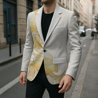 Polynesia White Sunday Blazer Polynesian Tattoo Plumeria Hibiscus Gold