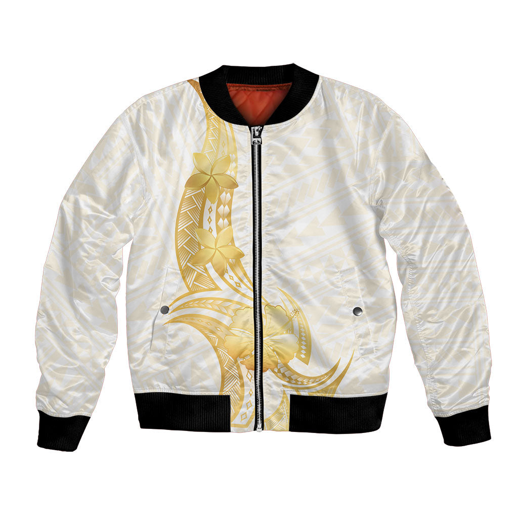 Polynesia White Sunday Bomber Jacket Polynesian Tattoo Plumeria Hibiscus Gold