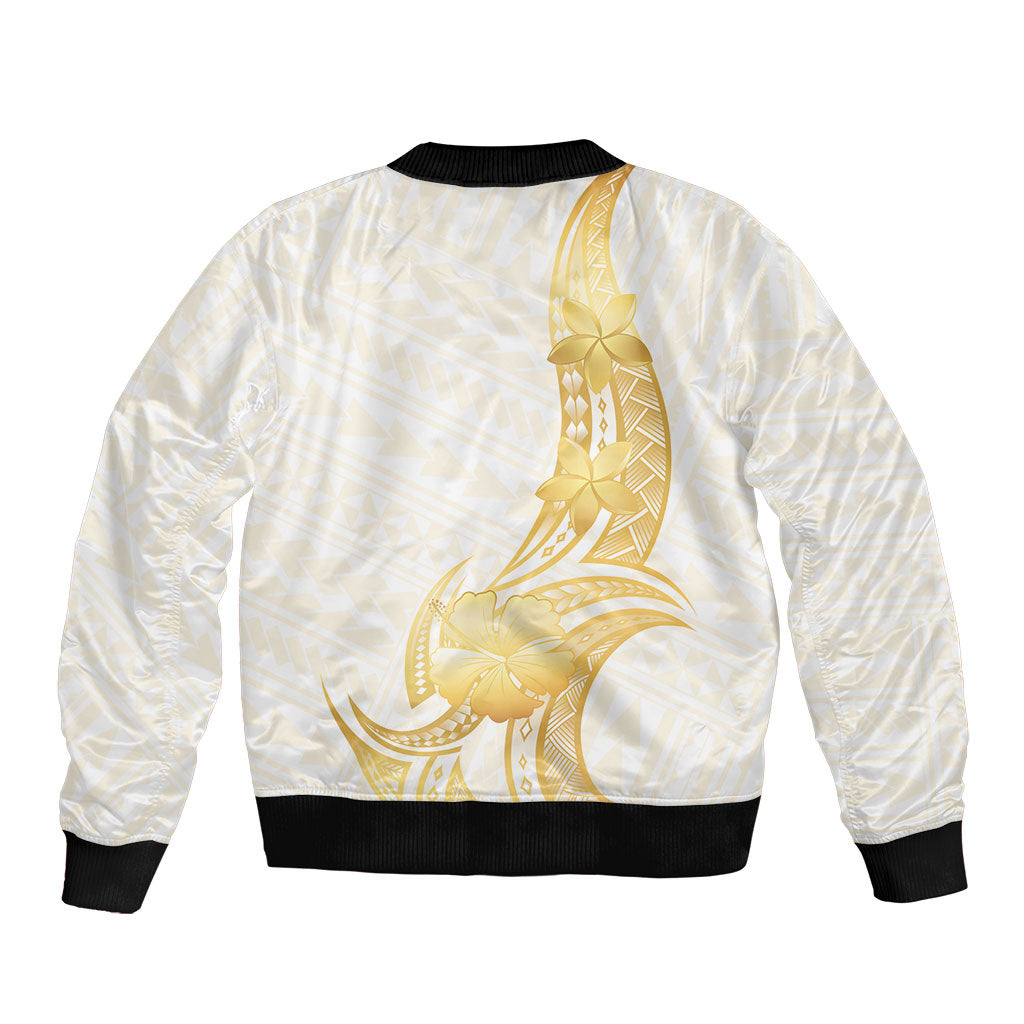 Polynesia White Sunday Bomber Jacket Polynesian Tattoo Plumeria Hibiscus Gold