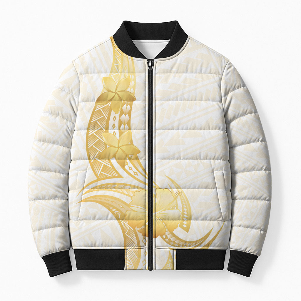 Polynesia White Sunday Bomber Puffer Jacket Polynesian Tattoo Plumeria Hibiscus Gold