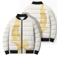 Polynesia White Sunday Bomber Puffer Jacket Polynesian Tattoo Plumeria Hibiscus Gold