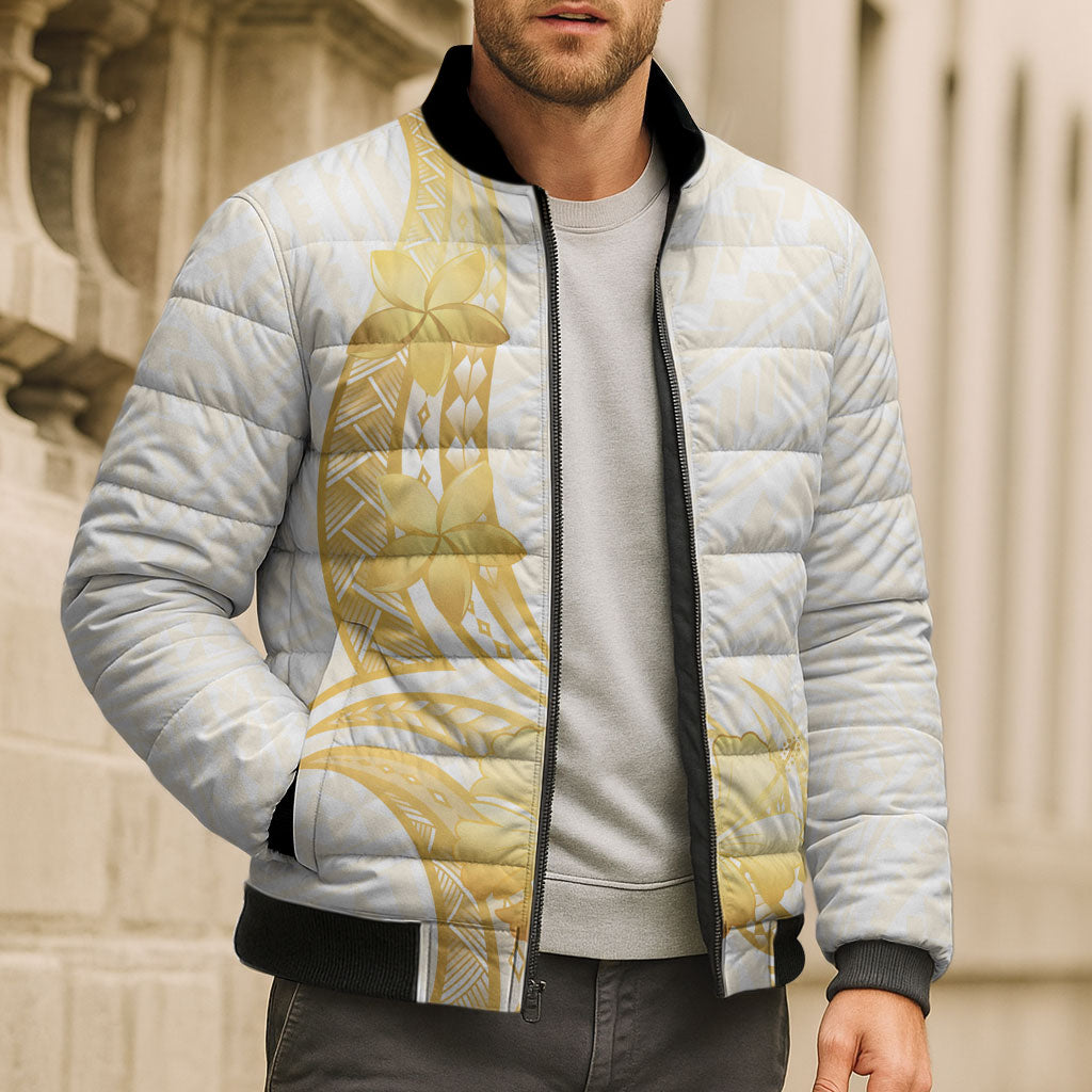 Polynesia White Sunday Bomber Puffer Jacket Polynesian Tattoo Plumeria Hibiscus Gold