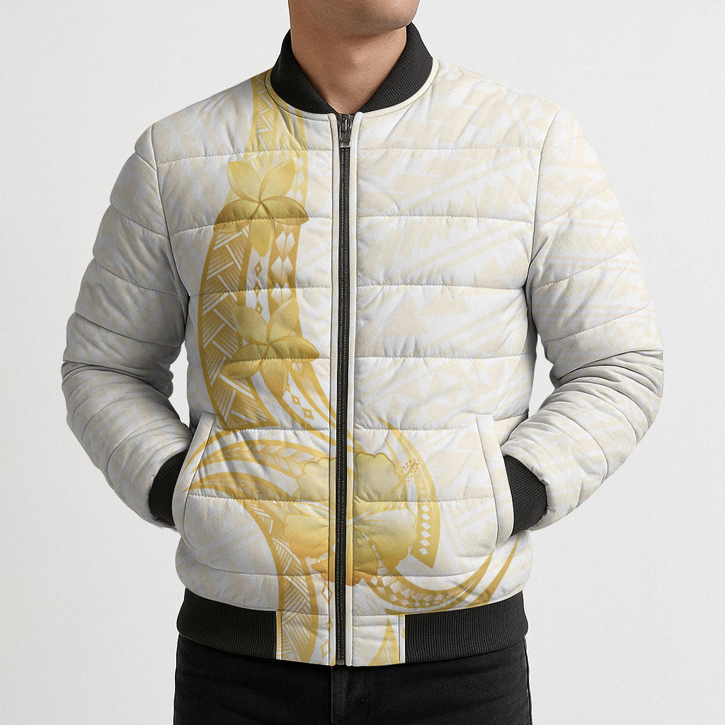 Polynesia White Sunday Bomber Puffer Jacket Polynesian Tattoo Plumeria Hibiscus Gold