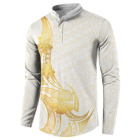 Polynesia White Sunday Button Sweatshirt Polynesian Tattoo Plumeria Hibiscus Gold