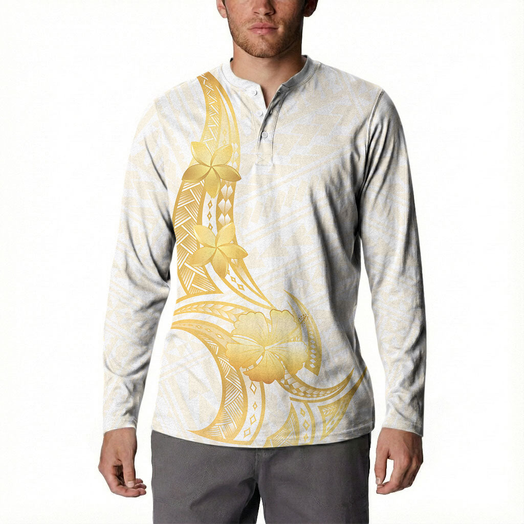 Polynesia White Sunday Button Sweatshirt Polynesian Tattoo Plumeria Hibiscus Gold
