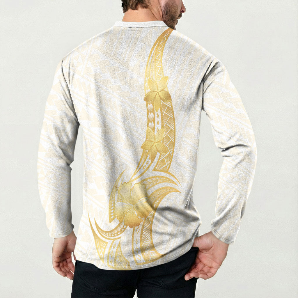 Polynesia White Sunday Button Sweatshirt Polynesian Tattoo Plumeria Hibiscus Gold