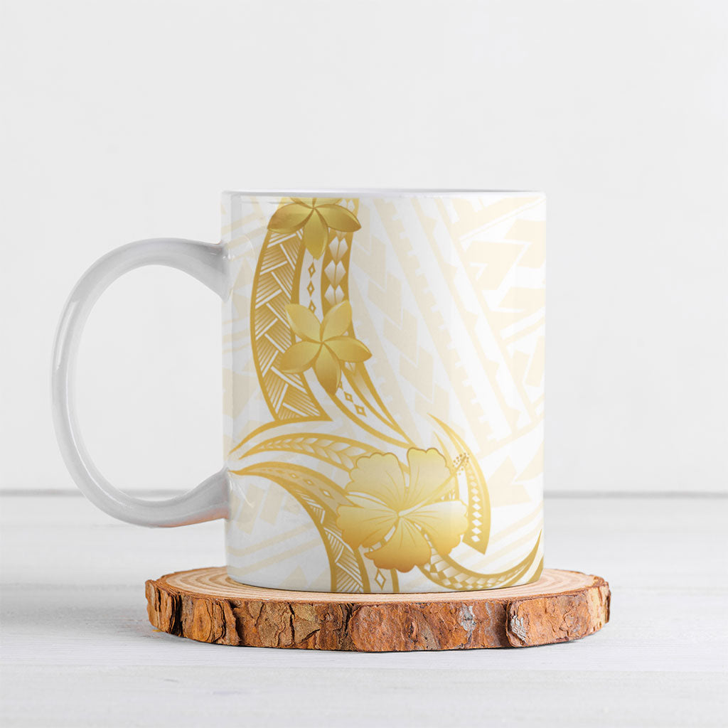 Polynesia White Sunday Ceramic Mug Polynesian Tattoo Plumeria Hibiscus Gold