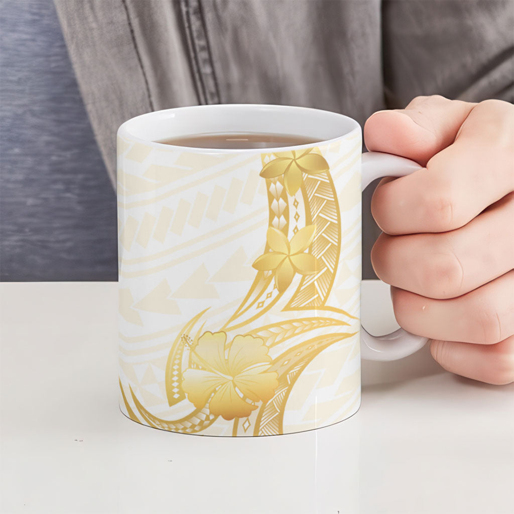 Polynesia White Sunday Ceramic Mug Polynesian Tattoo Plumeria Hibiscus Gold