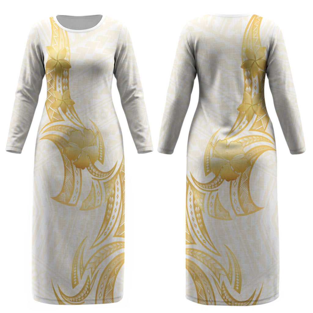 Polynesia White Sunday Couples Matching Long Sleeve Bodycon Dress and Hawaiian Shirt Polynesian Tattoo Plumeria Hibiscus Gold