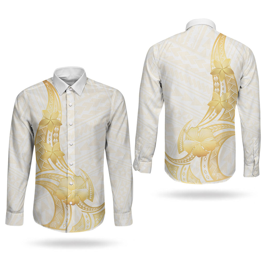 Polynesia White Sunday Couples Matching Long Sleeve Bodycon Dress and Long Sleeve Button Shirt Polynesian Tattoo Plumeria Hibiscus Gold