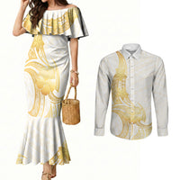 Polynesia White Sunday Couples Matching Mermaid Dress and Long Sleeve Button Shirt Polynesian Tattoo Plumeria Hibiscus Gold
