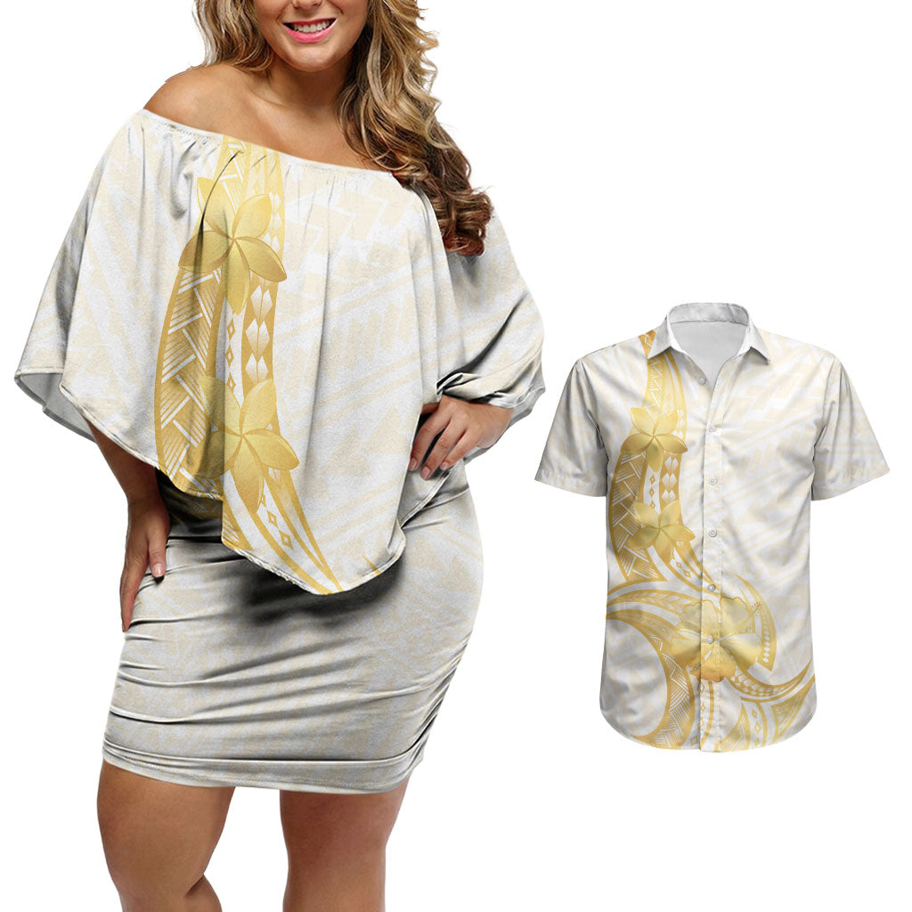Polynesia White Sunday Couples Matching Off Shoulder Short Dress and Hawaiian Shirt Polynesian Tattoo Plumeria Hibiscus Gold
