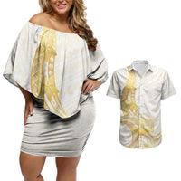 Polynesia White Sunday Couples Matching Off Shoulder Short Dress and Hawaiian Shirt Polynesian Tattoo Plumeria Hibiscus Gold