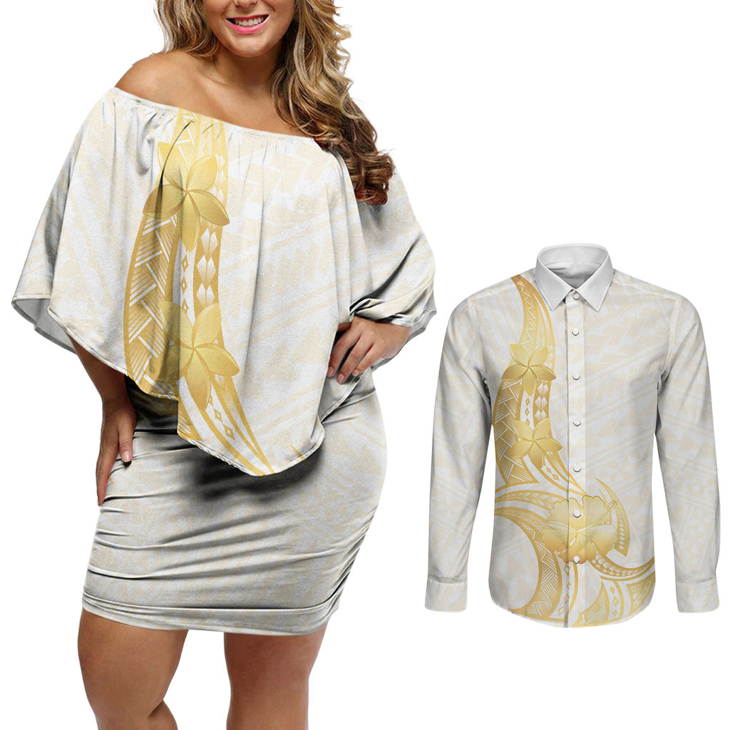Polynesia White Sunday Couples Matching Off Shoulder Short Dress and Long Sleeve Button Shirt Polynesian Tattoo Plumeria Hibiscus Gold