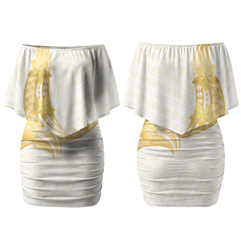 Polynesia White Sunday Couples Matching Off Shoulder Short Dress and Long Sleeve Button Shirt Polynesian Tattoo Plumeria Hibiscus Gold