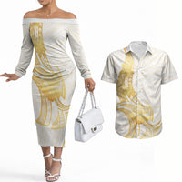 Polynesia White Sunday Couples Matching Off The Shoulder Long Sleeve Dress and Hawaiian Shirt Polynesian Tattoo Plumeria Hibiscus Gold