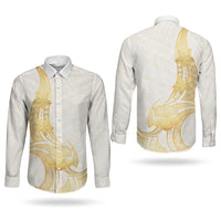 Polynesia White Sunday Couples Matching Off The Shoulder Long Sleeve Dress and Long Sleeve Button Shirt Polynesian Tattoo Plumeria Hibiscus Gold