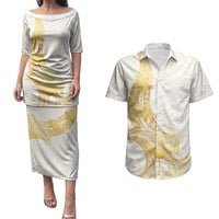Polynesia White Sunday Couples Matching Puletasi and Hawaiian Shirt Polynesian Tattoo Plumeria Hibiscus Gold