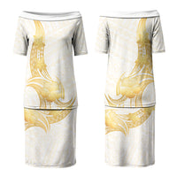 Polynesia White Sunday Couples Matching Puletasi and Hawaiian Shirt Polynesian Tattoo Plumeria Hibiscus Gold