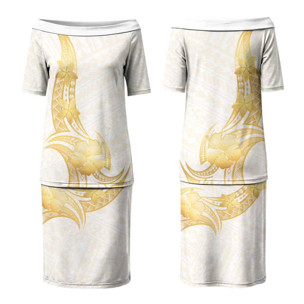 Polynesia White Sunday Couples Matching Puletasi and Long Sleeve Button Shirt Polynesian Tattoo Plumeria Hibiscus Gold