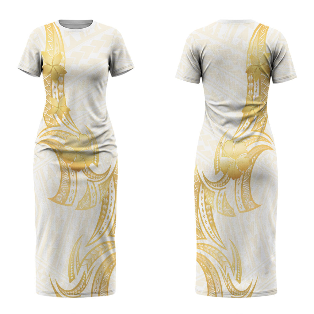 Polynesia White Sunday Couples Matching Short Sleeve Bodycon Dress and Long Sleeve Button Shirt Polynesian Tattoo Plumeria Hibiscus Gold