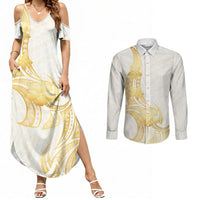 Polynesia White Sunday Couples Matching Summer Maxi Dress and Long Sleeve Button Shirt Polynesian Tattoo Plumeria Hibiscus Gold