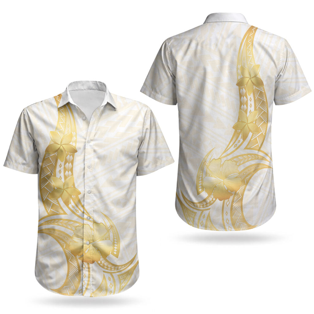 Polynesia White Sunday Couples Matching Tank Maxi Dress and Hawaiian Shirt Polynesian Tattoo Plumeria Hibiscus Gold