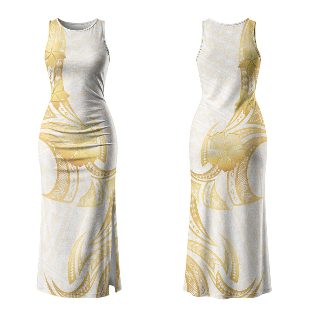 Polynesia White Sunday Couples Matching Tank Maxi Dress and Hawaiian Shirt Polynesian Tattoo Plumeria Hibiscus Gold