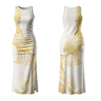 Polynesia White Sunday Couples Matching Tank Maxi Dress and Long Sleeve Button Shirt Polynesian Tattoo Plumeria Hibiscus Gold