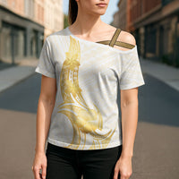 Polynesia White Sunday Cross Shoulder Shirt Polynesian Tattoo Plumeria Hibiscus Gold