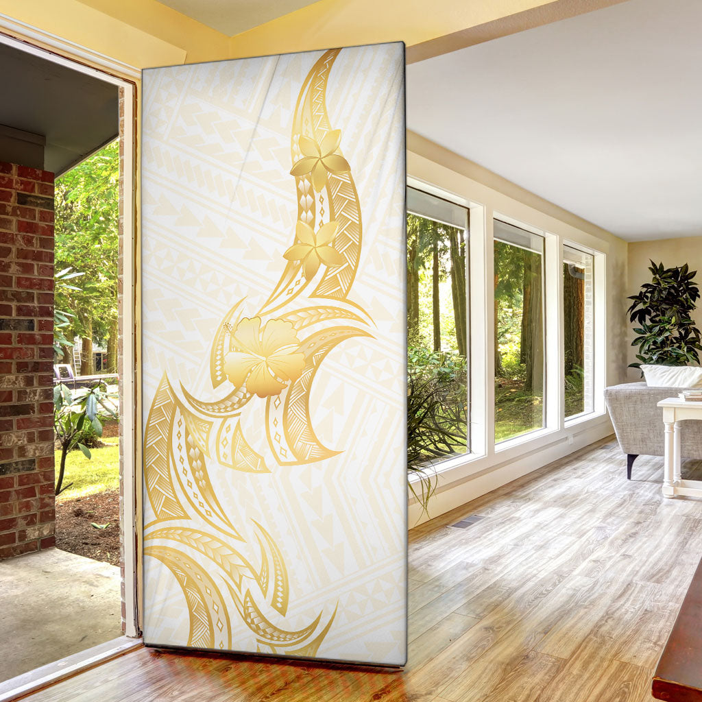 Polynesia White Sunday Door Cover Polynesian Tattoo Plumeria Hibiscus Gold