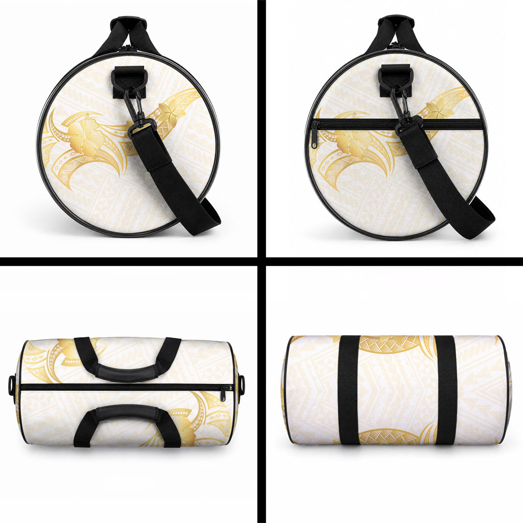 Polynesia White Sunday Duffle Bag Polynesian Tattoo Plumeria Hibiscus Gold