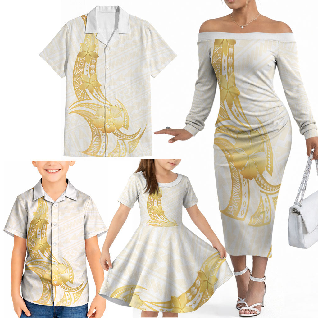 Polynesia White Sunday Family Matching Off The Shoulder Long Sleeve Dress and Hawaiian Shirt Polynesian Tattoo Plumeria Hibiscus Gold LT14 - Polynesian Pride