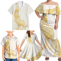 Polynesia White Sunday Family Matching Off Shoulder Maxi Dress and Hawaiian Shirt Polynesian Tattoo Plumeria Hibiscus Gold