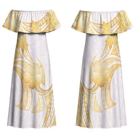 Polynesia White Sunday Family Matching Off Shoulder Maxi Dress and Hawaiian Shirt Polynesian Tattoo Plumeria Hibiscus Gold