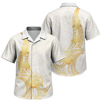 Polynesia White Sunday Family Matching Off Shoulder Maxi Dress and Hawaiian Shirt Polynesian Tattoo Plumeria Hibiscus Gold