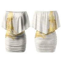 Polynesia White Sunday Family Matching Off Shoulder Short Dress and Hawaiian Shirt Polynesian Tattoo Plumeria Hibiscus Gold