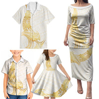 Polynesia White Sunday Family Matching Puletasi and Hawaiian Shirt Polynesian Tattoo Plumeria Hibiscus Gold