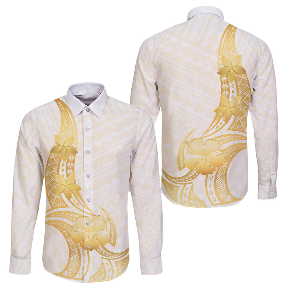 Polynesia White Sunday Family Matching Puletasi and Hawaiian Shirt Polynesian Tattoo Plumeria Hibiscus Gold