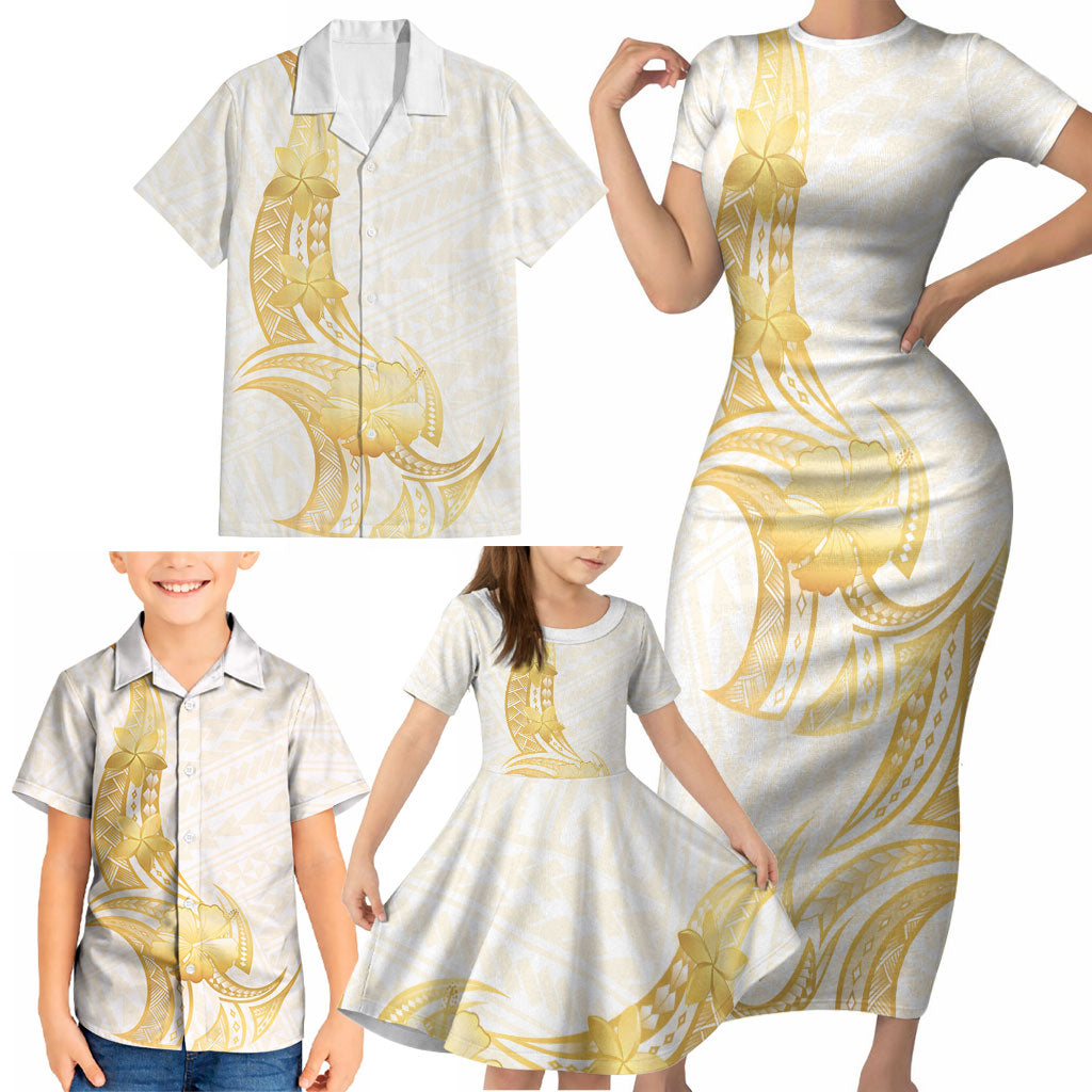 Polynesia White Sunday Family Matching Short Sleeve Bodycon Dress and Hawaiian Shirt Polynesian Tattoo Plumeria Hibiscus Gold LT14 - Polynesian Pride