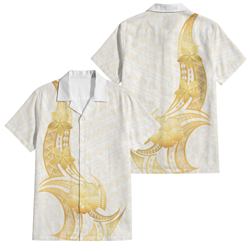 Polynesia White Sunday Family Matching Tank Maxi Dress and Hawaiian Shirt Polynesian Tattoo Plumeria Hibiscus Gold