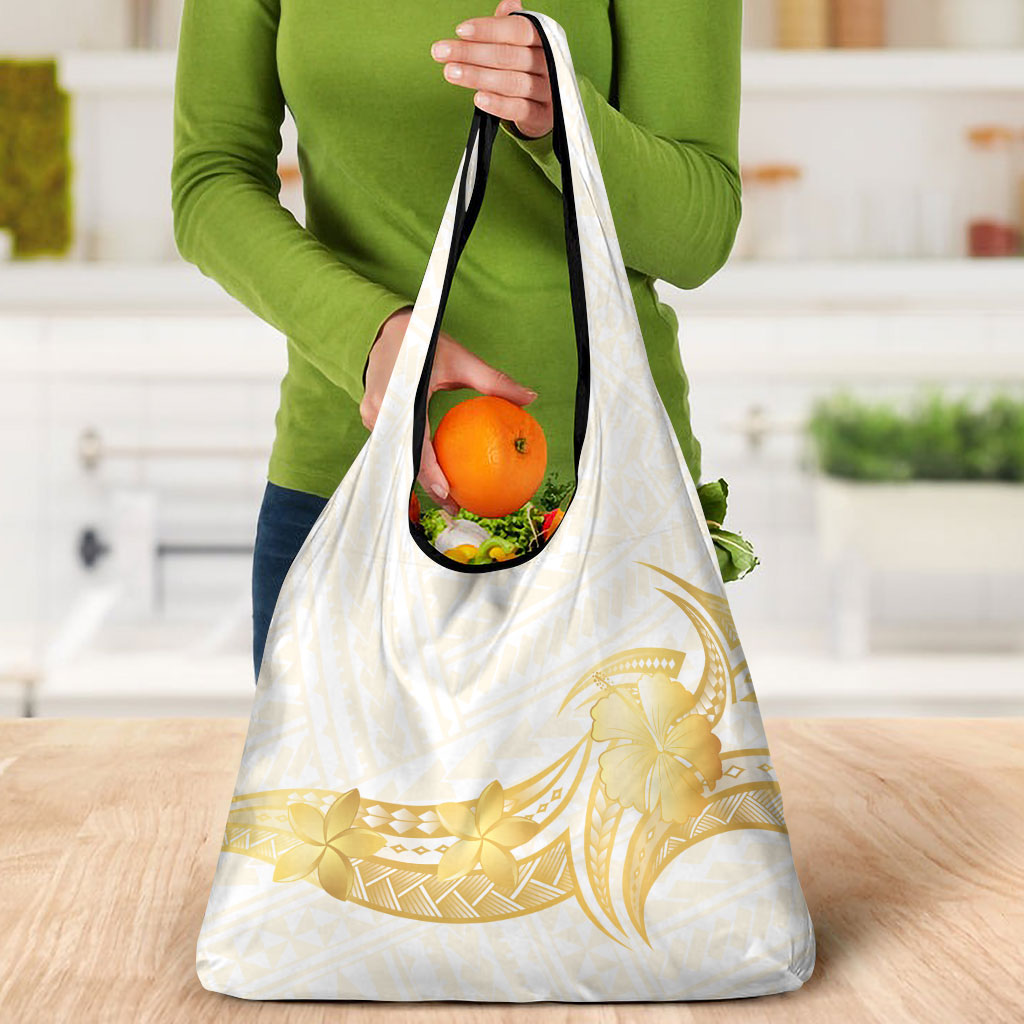 Polynesia White Sunday Grocery Bag Polynesian Tattoo Plumeria Hibiscus Gold