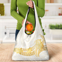 Polynesia White Sunday Grocery Bag Polynesian Tattoo Plumeria Hibiscus Gold