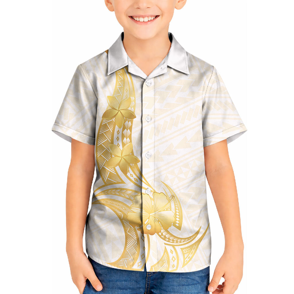 Polynesia White Sunday Kid Hawaiian Shirt Polynesian Tattoo Plumeria Hibiscus Gold