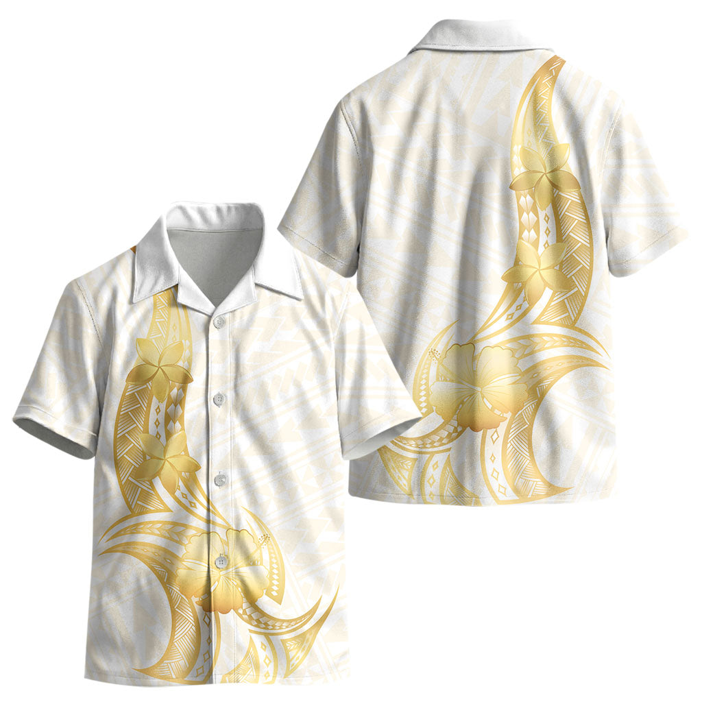 Polynesia White Sunday Kid Hawaiian Shirt Polynesian Tattoo Plumeria Hibiscus Gold