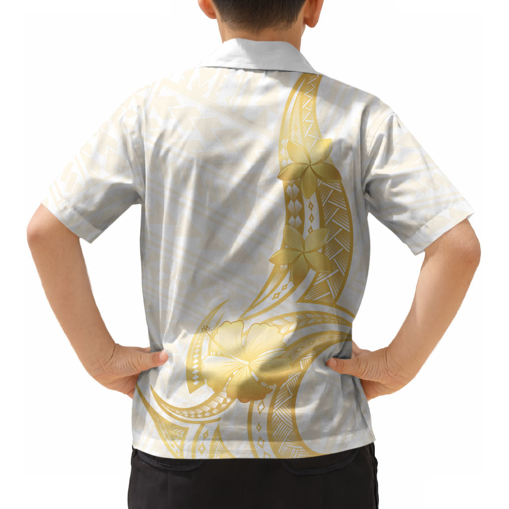 Polynesia White Sunday Kid Hawaiian Shirt Polynesian Tattoo Plumeria Hibiscus Gold