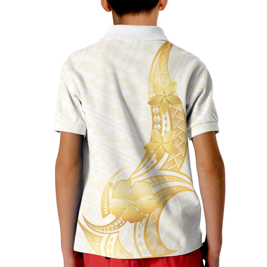 Polynesia White Sunday Kid Polo Shirt Polynesian Tattoo Plumeria Hibiscus Gold
