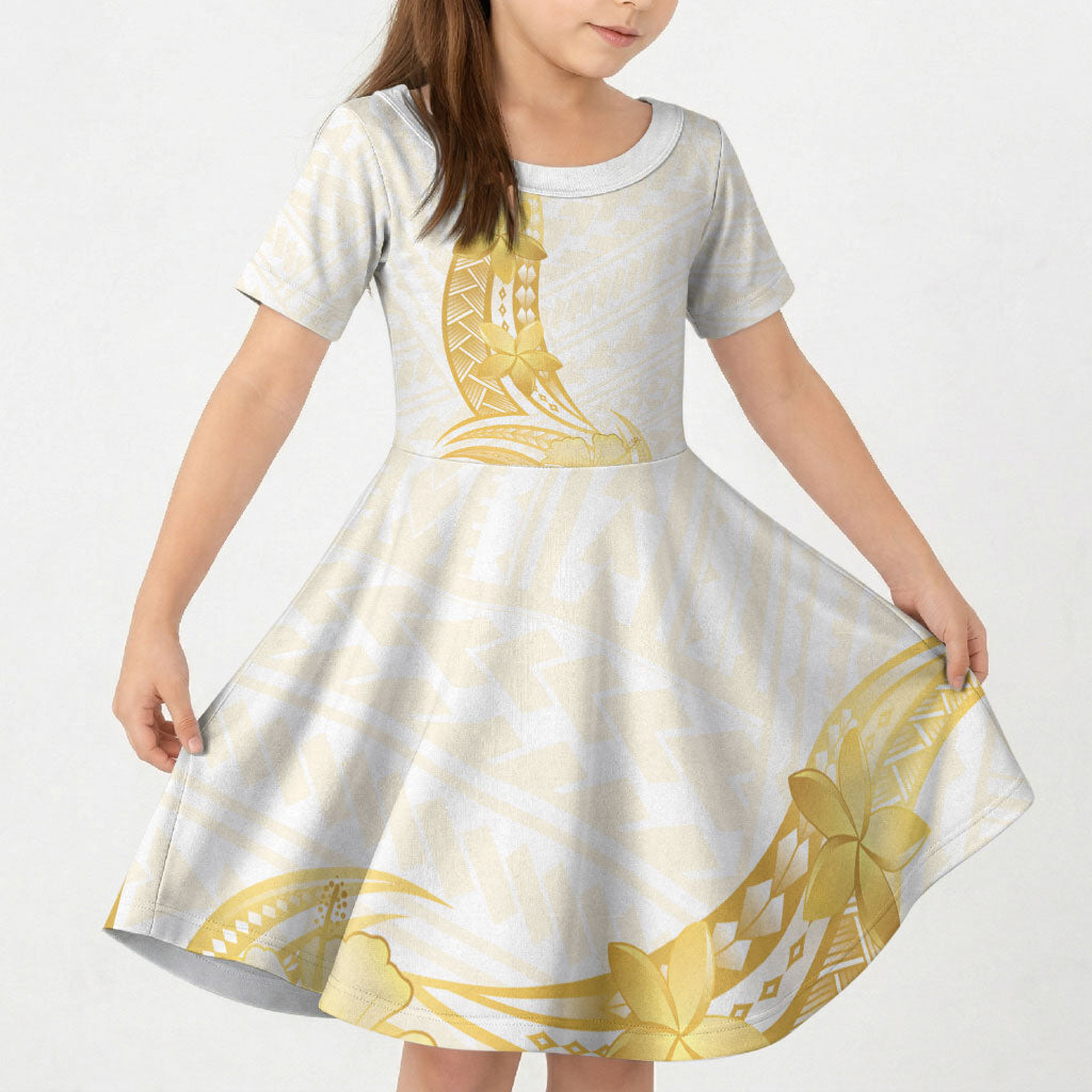Polynesia White Sunday Kid Short Sleeve Dress Polynesian Tattoo Plumeria Hibiscus Gold LT14 KID White - Polynesian Pride