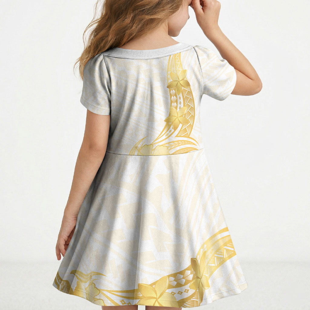 Polynesia White Sunday Kid Short Sleeve Dress Polynesian Tattoo Plumeria Hibiscus Gold