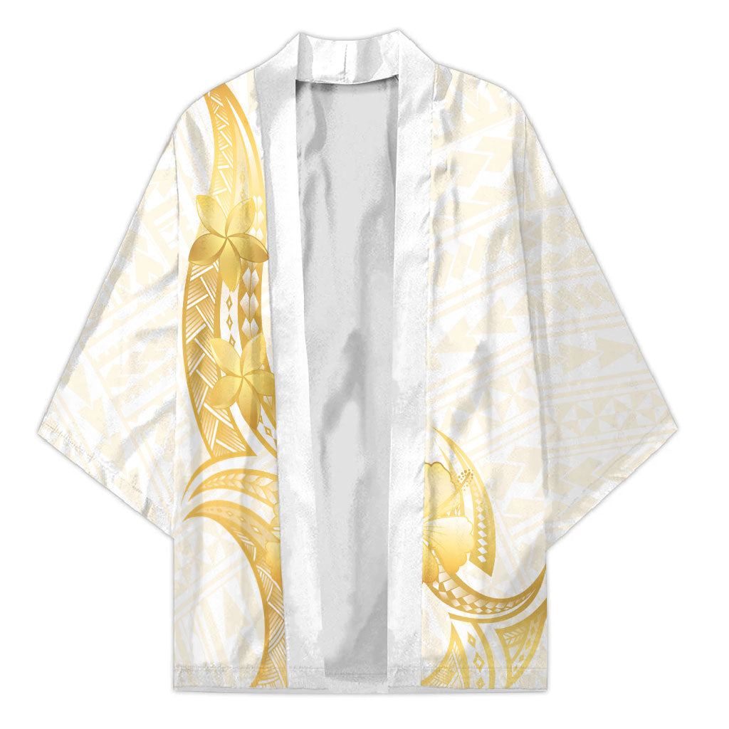Polynesia White Sunday Kimono Polynesian Tattoo Plumeria Hibiscus Gold